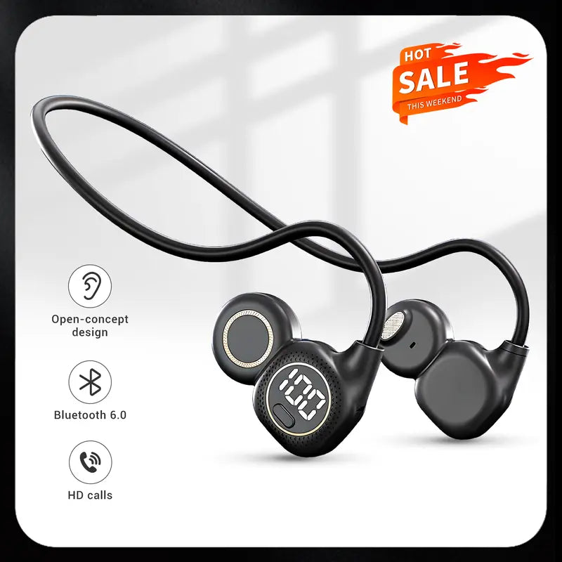 Silicone Open-Ear Neckband Wireless Headphones - Bluetooth 6.0 Air Conduction Earphones, Hand-Free Calls with ENC, LED Battery Display, Hifi Stereo High Quality Audio, Fast Charging, Stable Connection, Lightweight Secure Fit, Sweatproof for Running, Gym