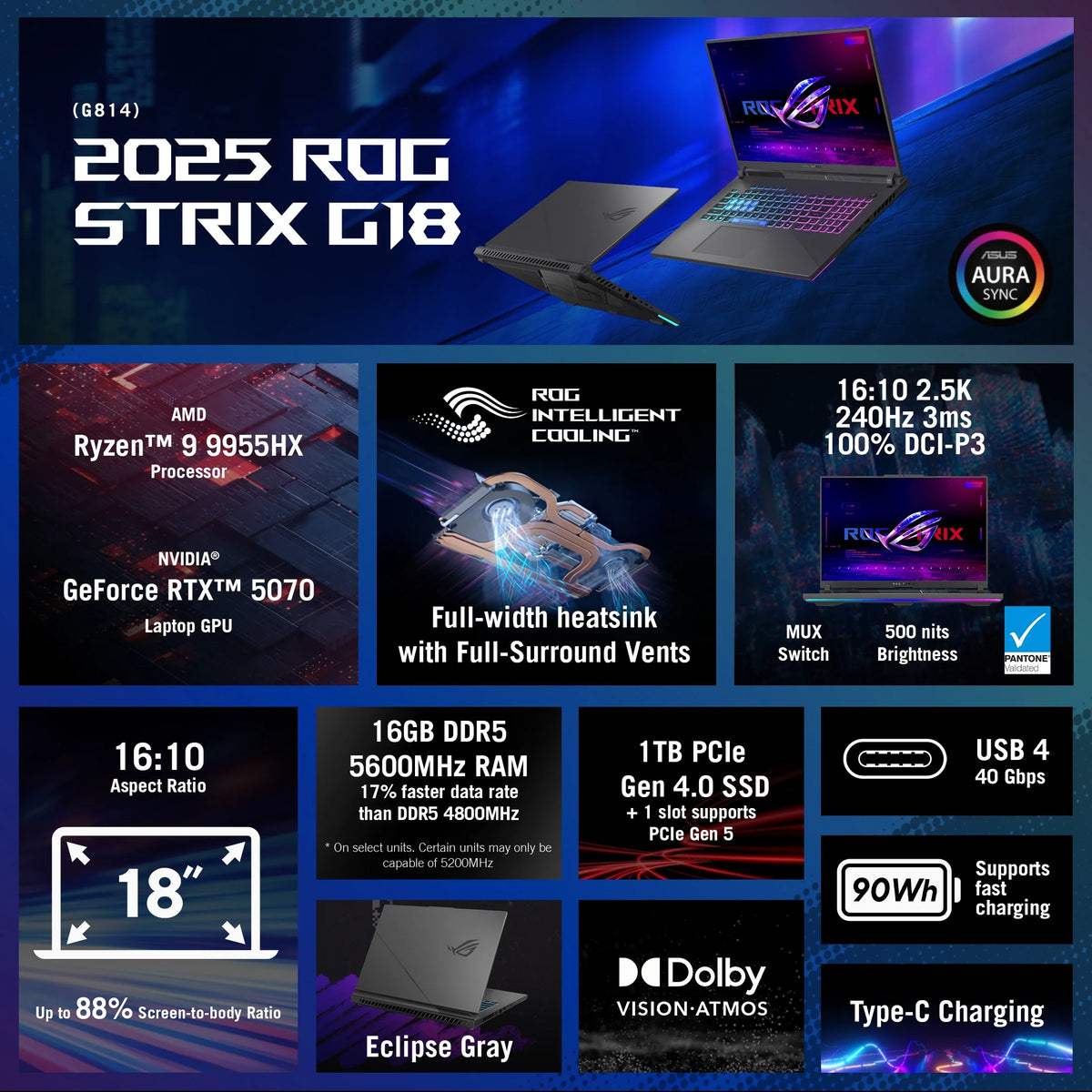 ROG Strix G18 (2025) Gaming Laptop, 18 Inch WQXDA 240Hz AMD Ryzen 9 9955HX, NVIDIA Geforce RTX 5070 32GB RAM 1TB SSD Eclipse Gray