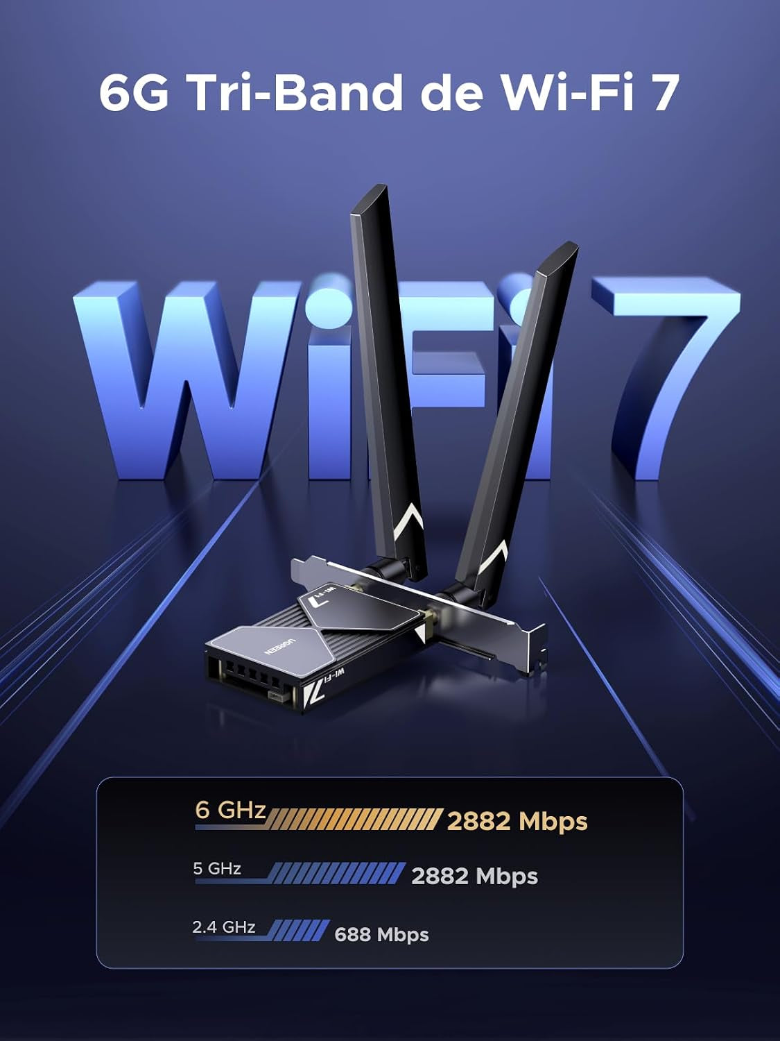 Wifi 7 BE6500 Pcie Wifi Card, Bluetooth 5.4, IEEE 802.11Ax/Be, 6G 2882Mbps/5G 2882Mbps/2.4G 688Mbps Tri Band, MLO Technology, Flexible Dual 6Dbi High Gain Antenna, WPA3, Support Windows 11 Only