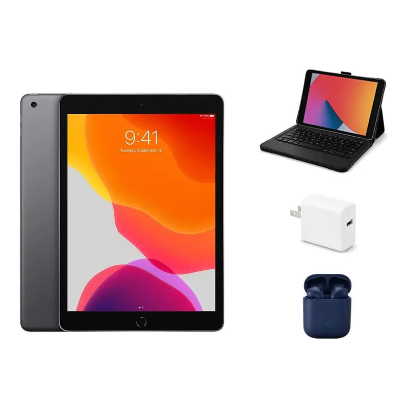 Refurbished 10.2" 7Th Gen 32GB Wi-Fi Space Gray Tablet (Excellent Condition, Chip, Screen, Rear Protection Device) + ZAGG Rugged Pro Connect Keyboard Case + Inpod Headphones + Charger