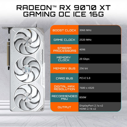 GIGABYTE Radeon™ RX 9070 XT Gaming OC ICE 16G Graphics Card (16GB GDDR6, 256-Bit, Pcie 5.0, HDMI/DP 2.1, 2.7 Slot, Hawk Fan, Server-Grade Thermal Gel, Reinforced Structure)