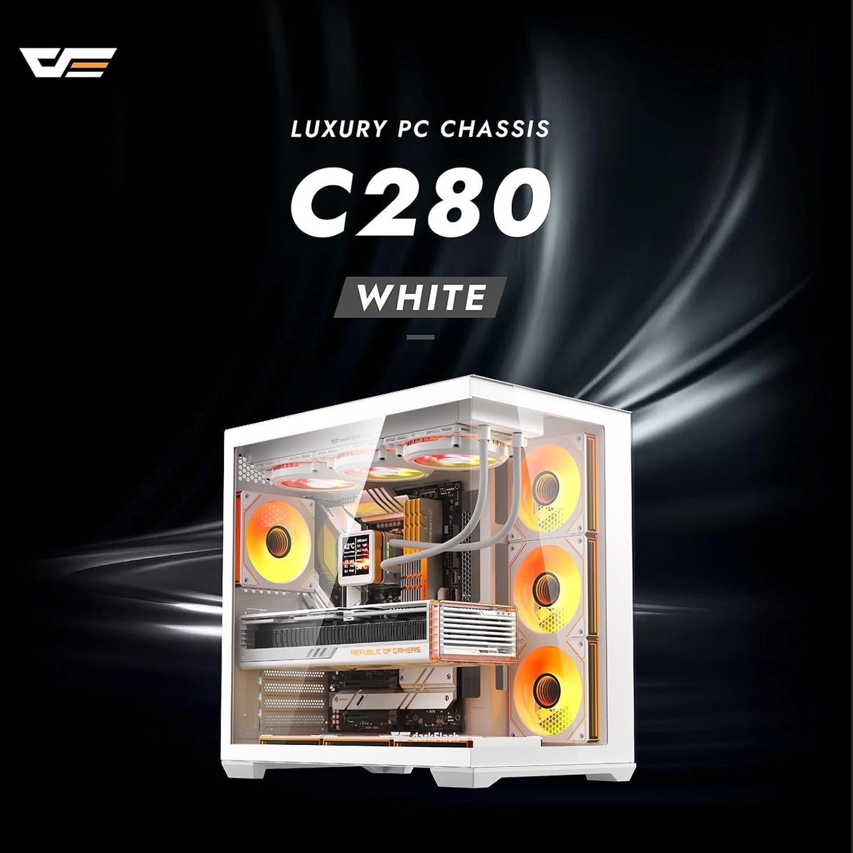 C280 E-ATX Full-Tower PC Gaming Case, 7×ARGB Fans Included, 270° Tempered Glass,Reverse Connection Motherboard Compatible, Supports RTX 5090 up to 420Mm, 360Mm Radiator Support，White
