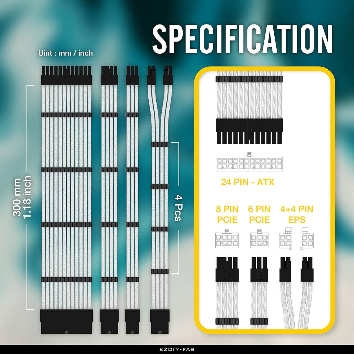 Sleeved Cable - Cable Extension for Power Supply with Extra-Sleeved 24-PIN 8-PIN 6-PIN 4+4-PIN with Combs- White