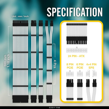 Sleeved Cable - Cable Extension for Power Supply with Extra-Sleeved 24-PIN 8-PIN 6-PIN 4+4-PIN with Combs- White