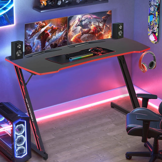 47 Inch Gaming Desk Z-Shaped Computer Desk Home Office Desk with Headphone Hook, Red