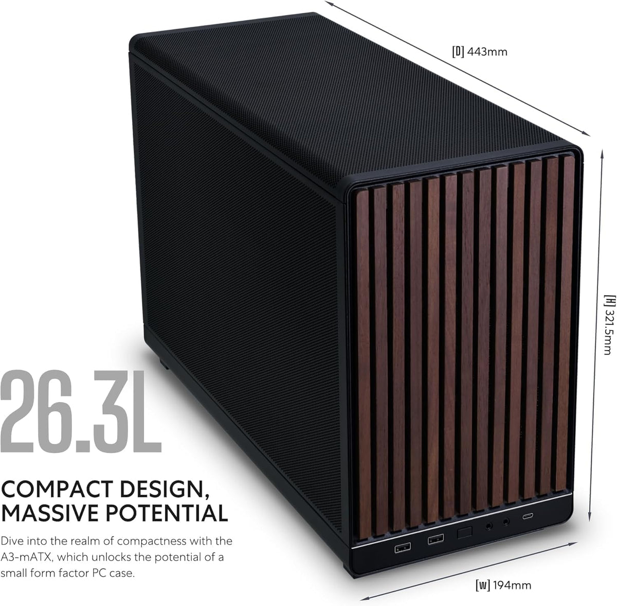A3-Matx PC Case, 415Mm GPU, 360 AIO, Wood Black Mesh (A3X-WD)