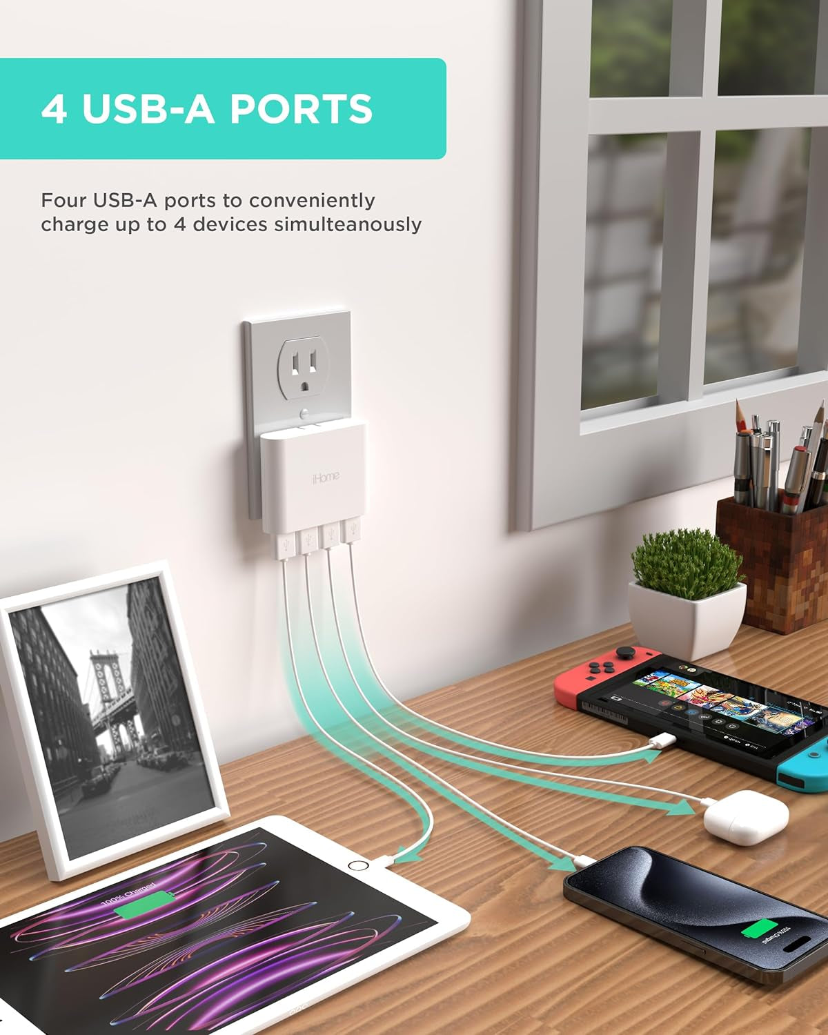 Slim 4-Port USB Wall Charger Flat Multiport Travel Plug Adapter