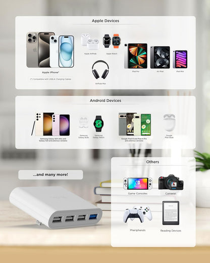 Slim 4-Port USB Wall Charger Flat Multiport Travel Plug Adapter