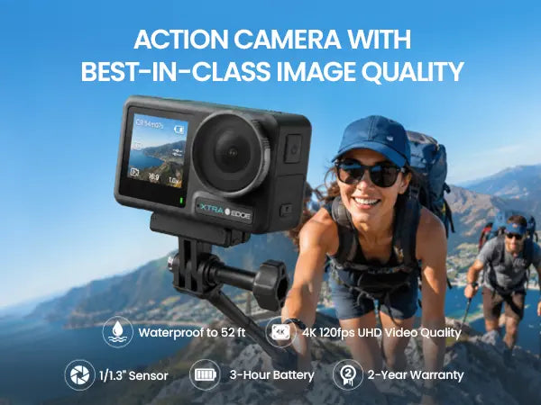 Xtra Edge Action Vlogging Camera - 1/1.3" Sensor, 4K Cinematic Recording, Hyper Stabilization, 52Ft Waterproof, 3-Hour Cold-Resistant Battery, Universal Quick Mount, Protective Frame, Handheld Device for Content Creators, Adventure Photography