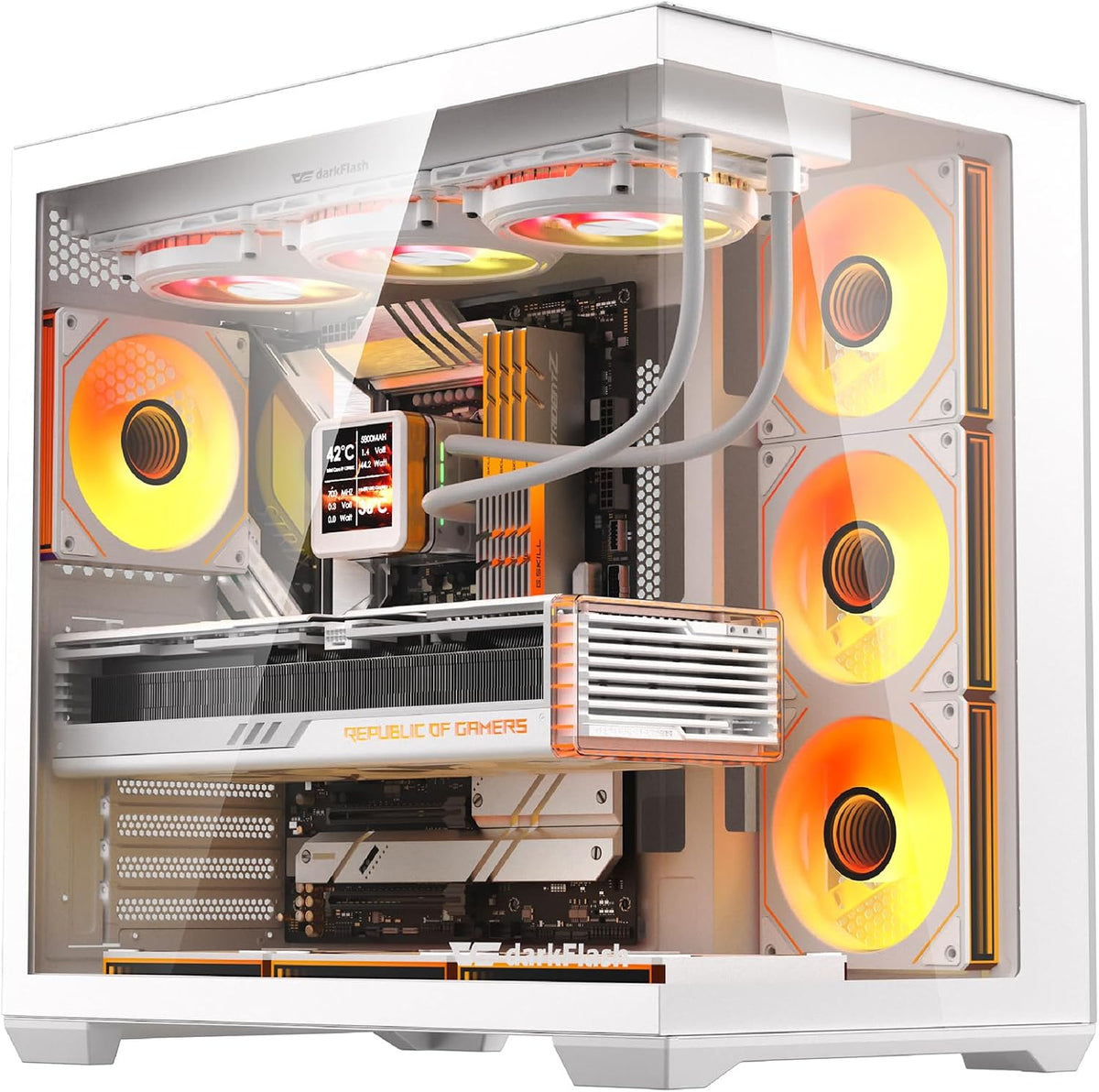 C280 E-ATX Full-Tower PC Gaming Case, 7×ARGB Fans Included, 270° Tempered Glass,Reverse Connection Motherboard Compatible, Supports RTX 5090 up to 420Mm, 360Mm Radiator Support，White
