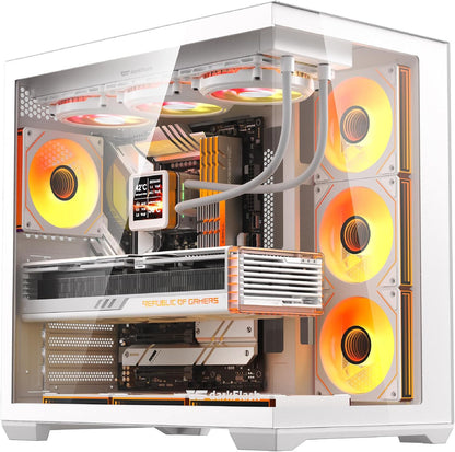 C280 E-ATX Full-Tower PC Gaming Case, 7×ARGB Fans Included, 270° Tempered Glass,Reverse Connection Motherboard Compatible, Supports RTX 5090 up to 420Mm, 360Mm Radiator Support，White