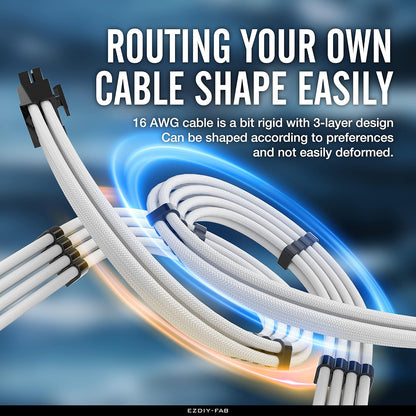 Sleeved Cable - Cable Extension for Power Supply with Extra-Sleeved 24-PIN 8-PIN 6-PIN 4+4-PIN with Combs- White