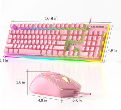 GT838 Gaming Keyboard and Mouse Combo, 104 Keys RGB Backlit Quiet Wired Keyboards for Laptop PC MAC, with Number Pad, Metal Panel, Anti-Ghosting, Pink