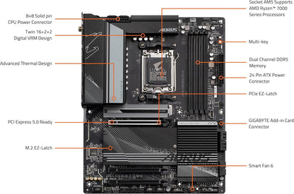 GIGABYTE X670 AORUS Elite AX AMD AM5 ATX Motherboard, Support Ryzen 9000/8000/7000 Series, DDR5, 8+8 Power Phase, 4X M.2, Pcie 5.0, USB-C 3.2 Gen2X2, WIFI6E, 2.5Gbe, Ez-Latch, Q-Flash, Smart Fan 6