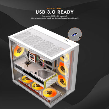 C280 E-ATX Full-Tower PC Gaming Case, 7×ARGB Fans Included, 270° Tempered Glass,Reverse Connection Motherboard Compatible, Supports RTX 5090 up to 420Mm, 360Mm Radiator Support，White