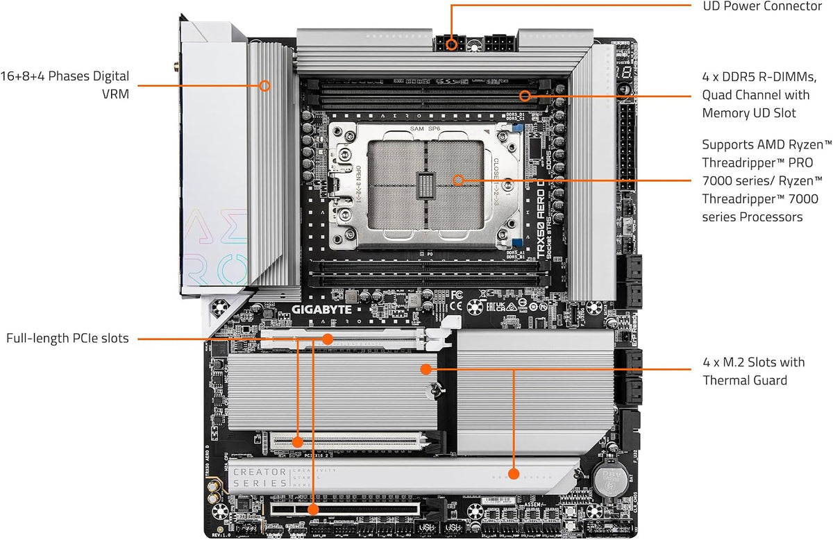 GIGABYTE TRX50 AERO D (Str5/ AMD/ TRX50/ E-ATX/ DDR5/ Pcie 5.0 M.2/ Pcie 5.0/ USB4 Type-C/Wi-Fi 7/ Marvell 10Gbe/ Motherboard)
