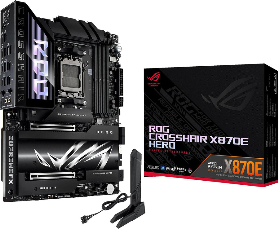 ASUS ROG Crosshair X870E Hero AMD X870E AM5 ATX Motherboard, Advanced AI PC Ready, 18+2+2 Power Stages, DDR5, Pcie® 5.0, 5X M.2, Wi-Fi 7, USB4®, AI Overclocking, Core Flex, Pcie Slot Q-Release Slim