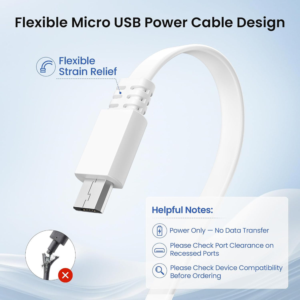 Flat USB a to Micro USB Power Extension Cable 20FT/6M 2Pack,White