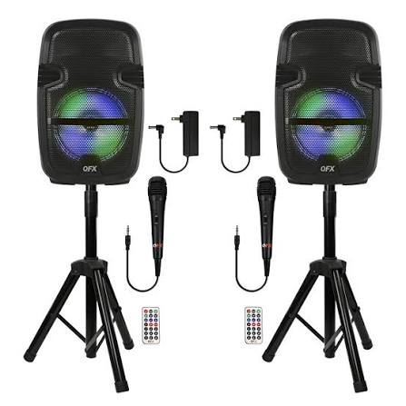 PBX-808TWS Dual 8-Inch Portable Bluetooth PA Speaker System with Stands, Wired Mics, Remotes, USB/FM/TWS/LED
